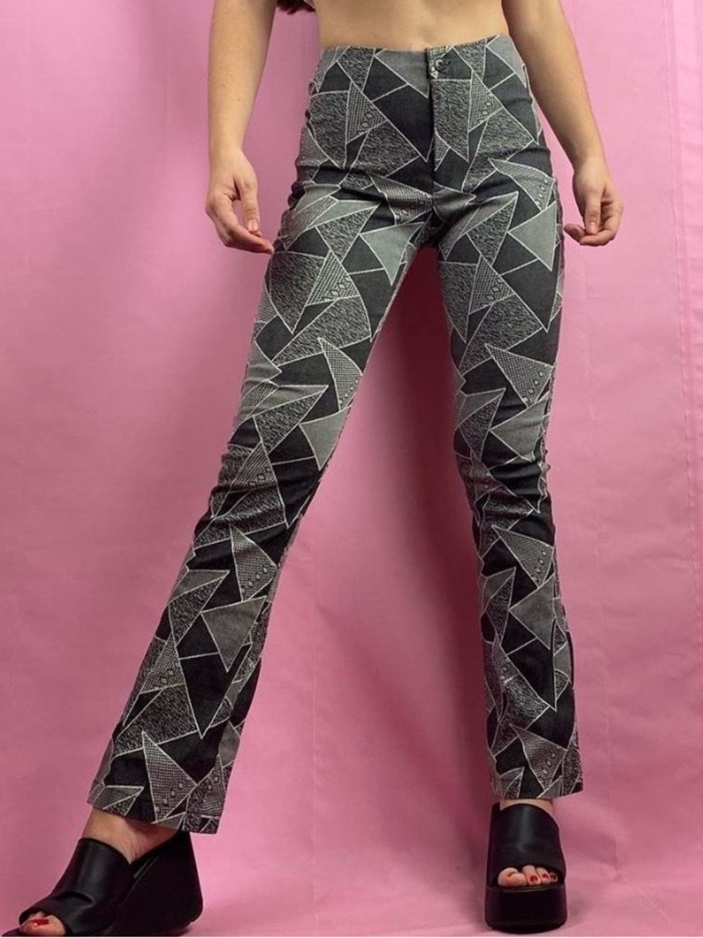Vintage 90s Black White Patchwork Geometric Flare Pants 26 Waist